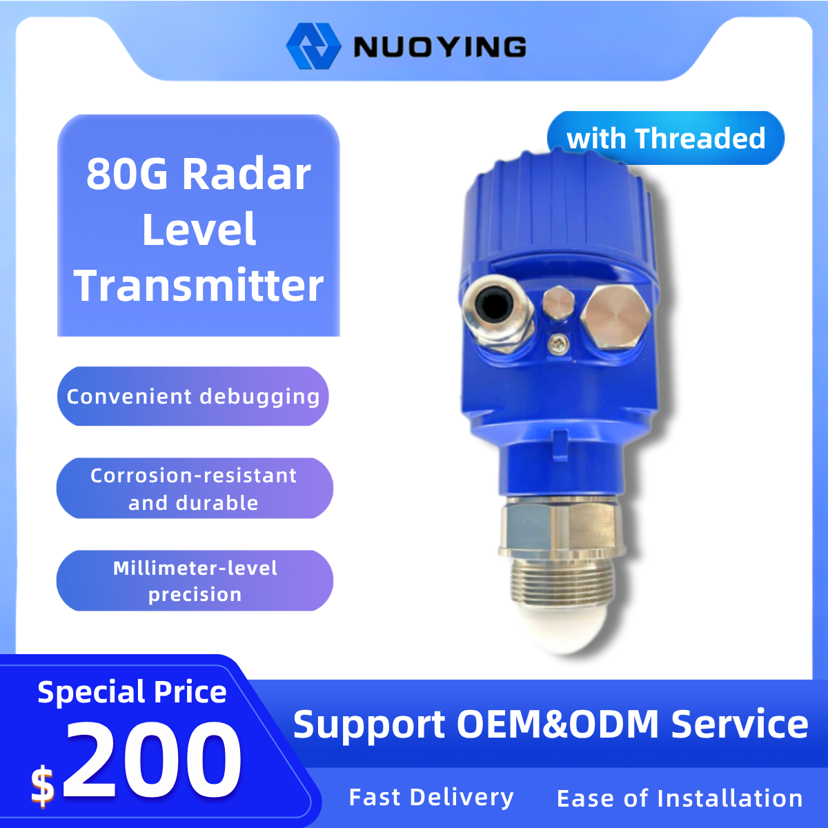 High-Precision 80G Radar Level Transmitter with Threaded Connection for Tank Level Measurement System