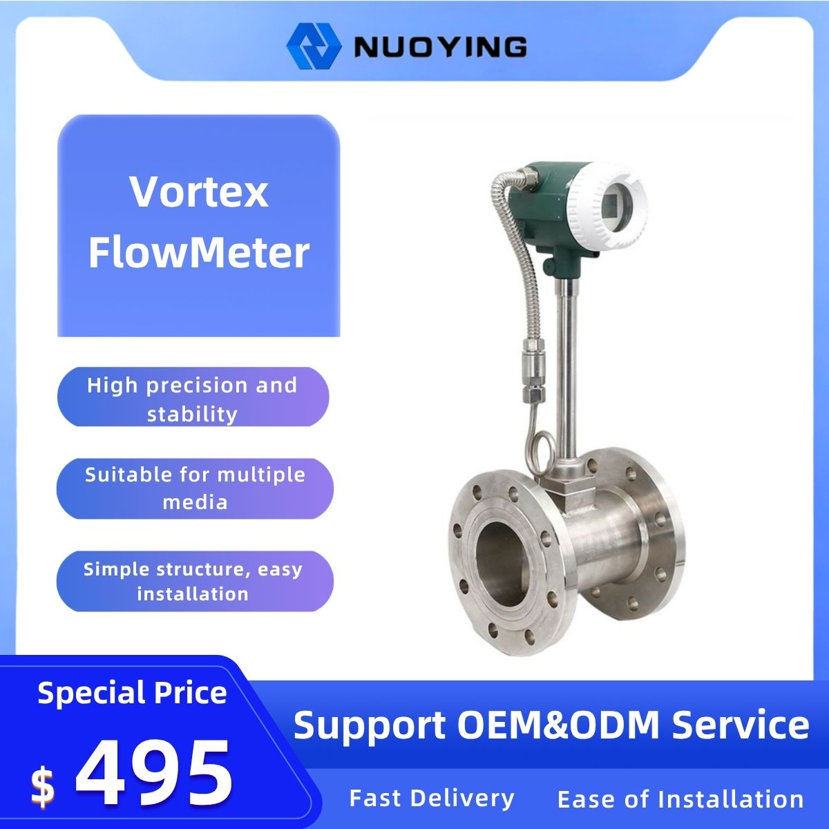 Industrial Vortex Flowmeter, High Precision Steam Gas Liquid Flow Meter for Pipeline Industrial Working Condition