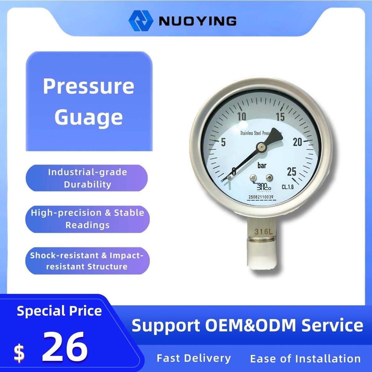 High-Precision Shock-Resistant Stainless Steel Pressure Gauge with Standard Threaded Connection for Industrial Equipment