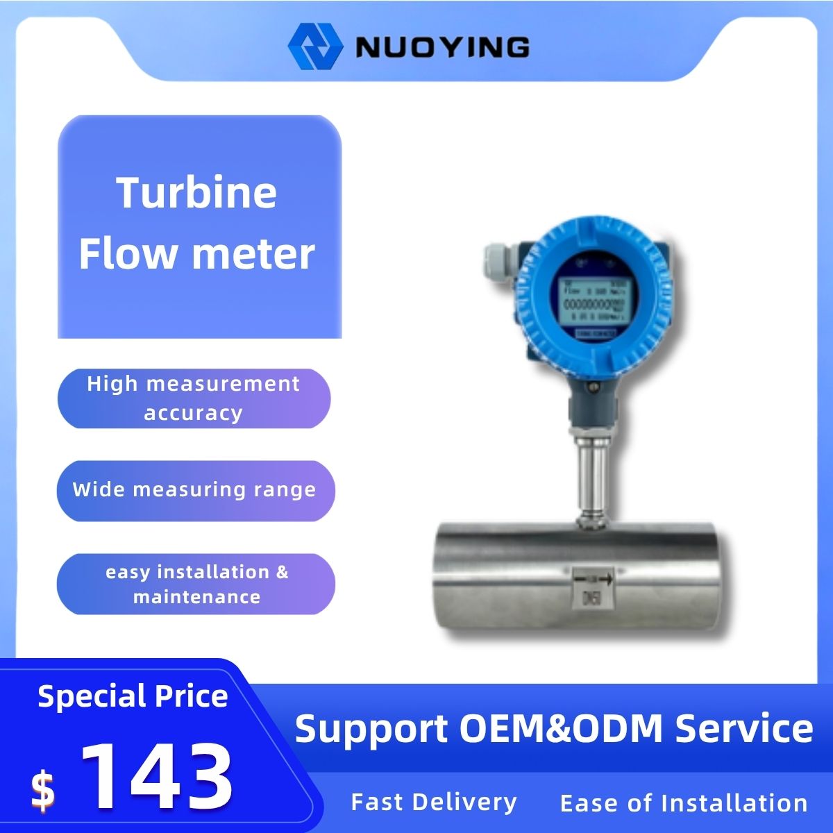 High Precision Digital Turbine Flow Meter Industrial Pipeline Liquid Measuring for Oil Water Chemical Working Condition