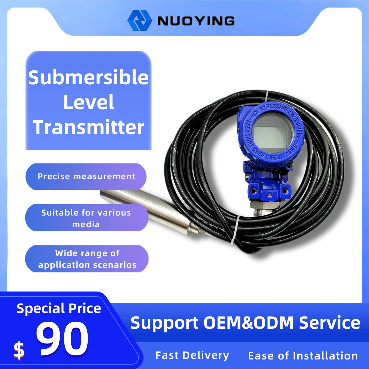 Cable-type Submersible Level Transmitter with a piezoresistive pressure sensor featuring high stability and high reliability