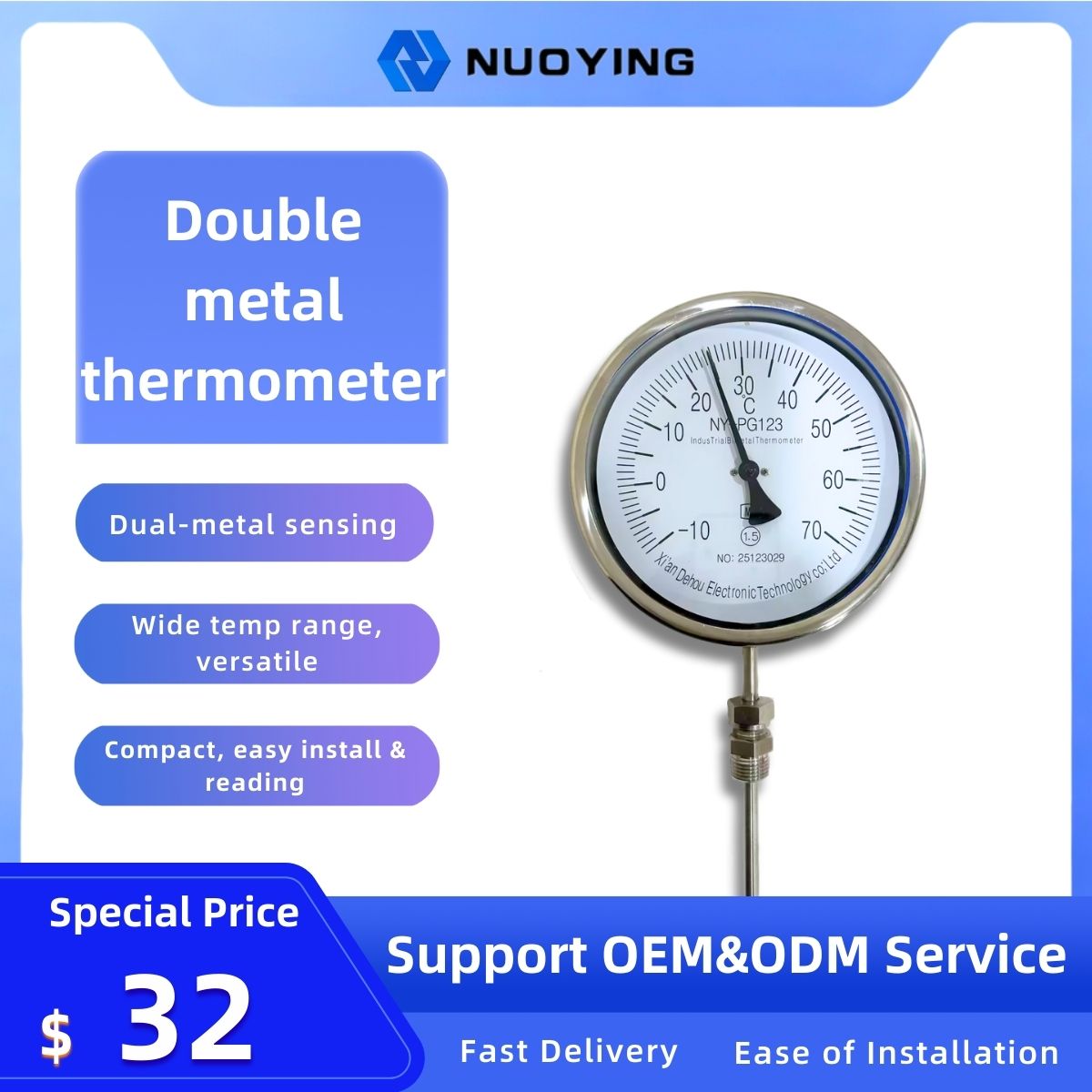 Industrial Double Metal Thermometer - High-Precision Mechanical Temperature Gauge for Industrial Applications
